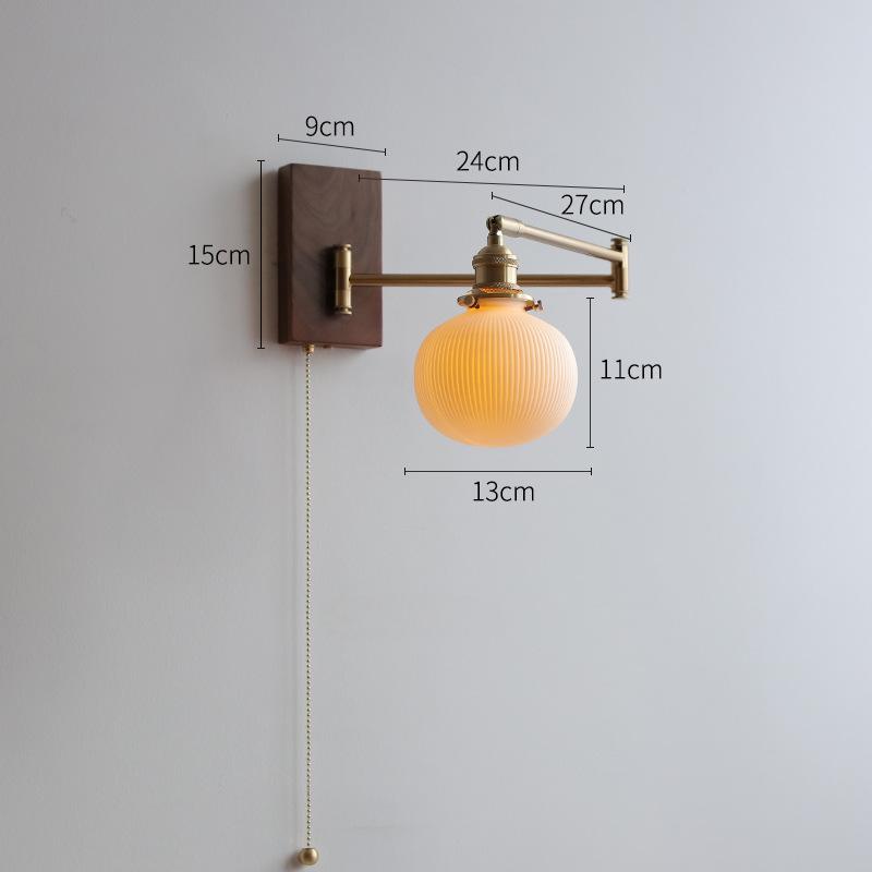 RetroSwivel Wall Lamp for Hall - Vintage Rotating Long Arm Light, Pull Cord Switch, Ceramic Shade - Oriento Arte