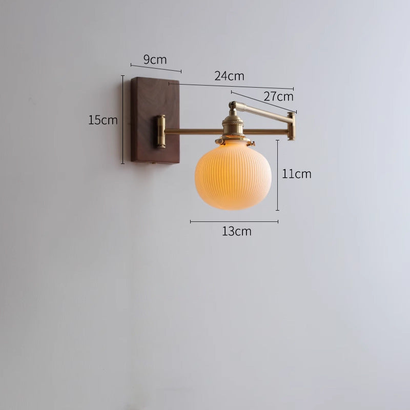 RetroSwivel Wall Lamp for Hall - Vintage Rotating Long Arm Light, Pull Cord Switch, Ceramic Shade - Oriento Arte