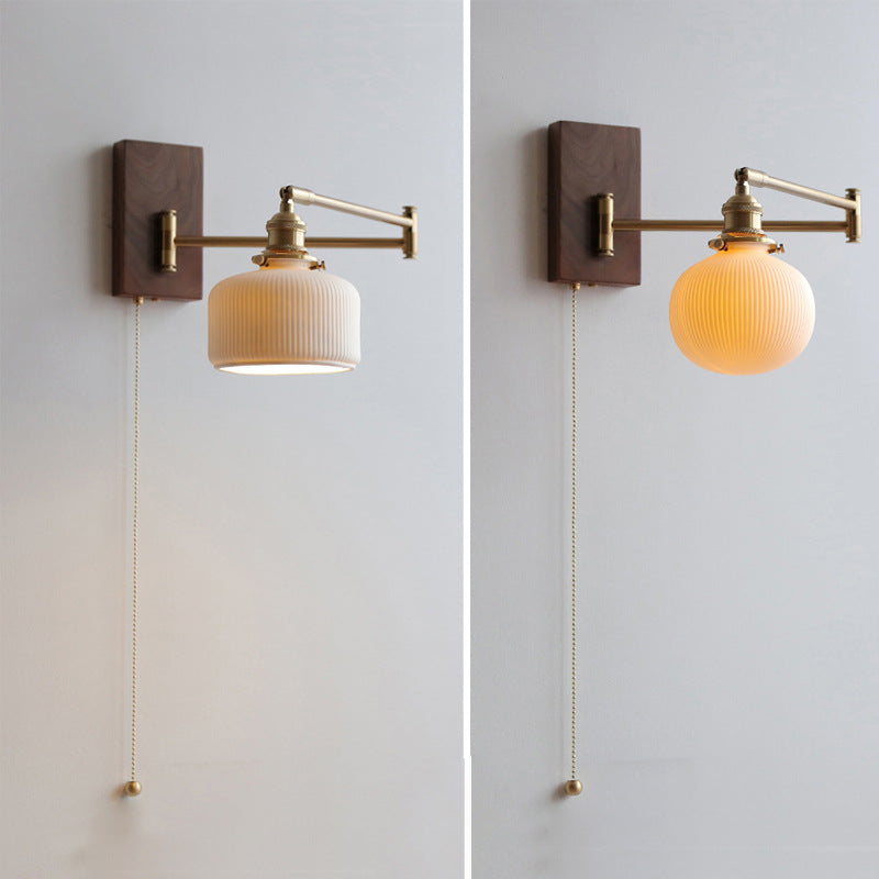 RetroSwivel Wall Lamp for Hall - Vintage Rotating Long Arm Light, Pull Cord Switch, Ceramic Shade - Oriento Arte