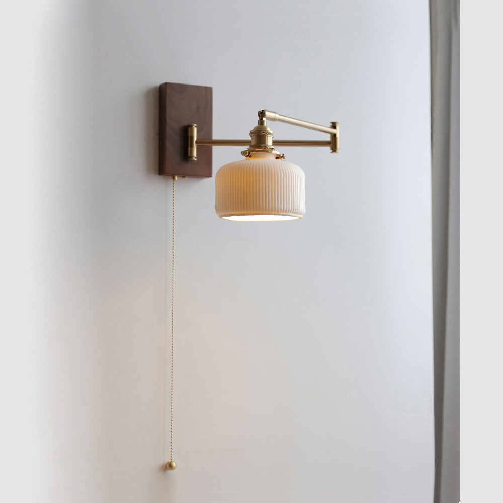 RetroSwivel Wall Lamp for Hall - Vintage Rotating Long Arm Light, Pull Cord Switch, Ceramic Shade - Oriento Arte