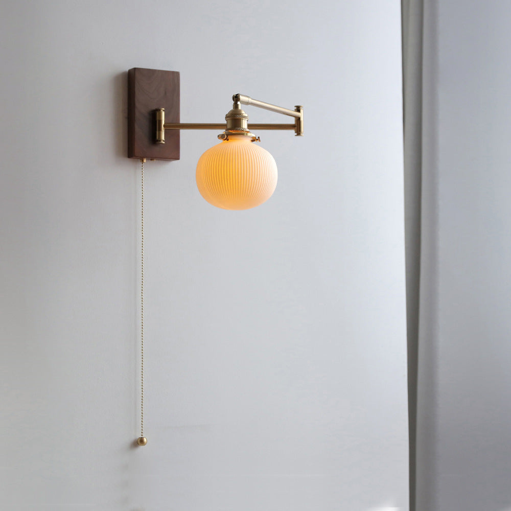 RetroSwivel Wall Lamp for Hall - Vintage Rotating Long Arm Light, Pull Cord Switch, Ceramic Shade - Oriento Arte