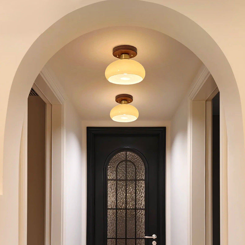 Orb Ceiling Lamp with Glass Cover Modern Wood Base Hanging Light - Oriento Arte