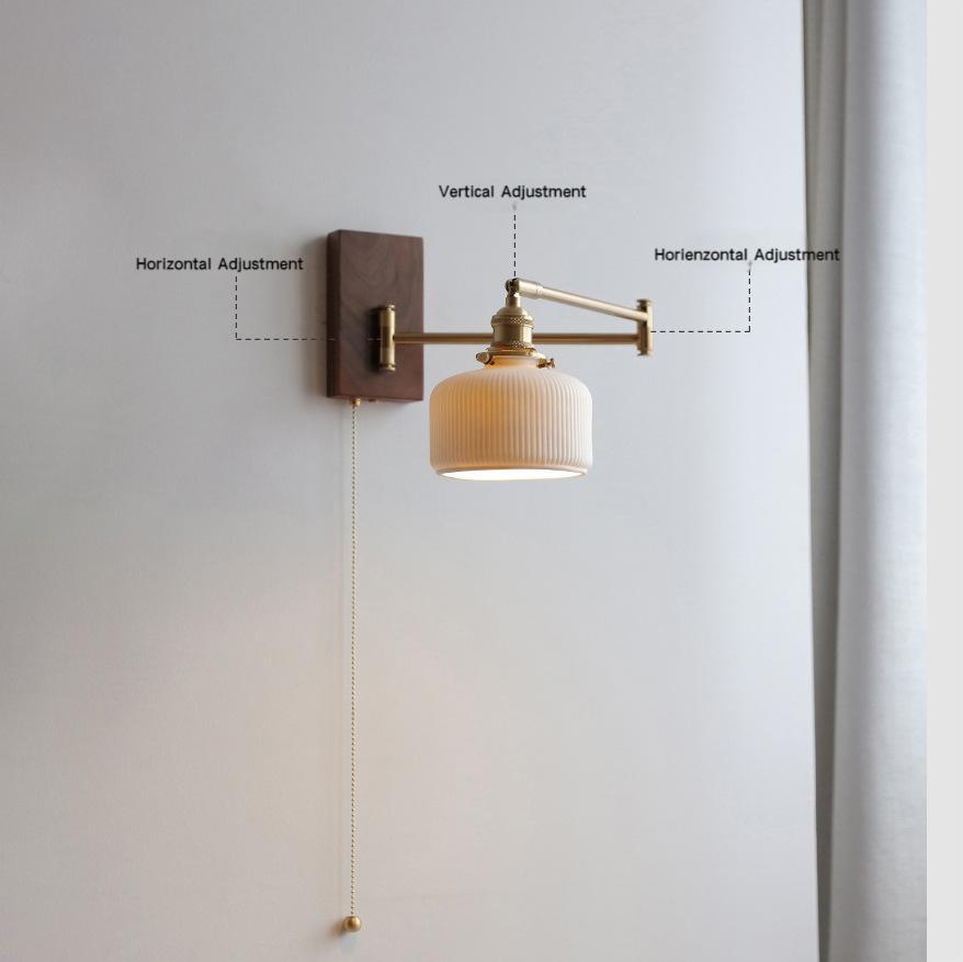 RetroSwivel Wall Lamp for Hall - Vintage Rotating Long Arm Light, Pull Cord Switch, Ceramic Shade - Oriento Arte
