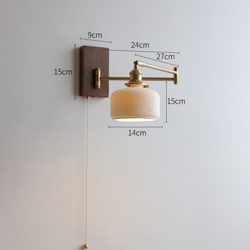 RetroSwivel Wall Lamp for Hall - Vintage Rotating Long Arm Light, Pull Cord Switch, Ceramic Shade - Oriento Arte